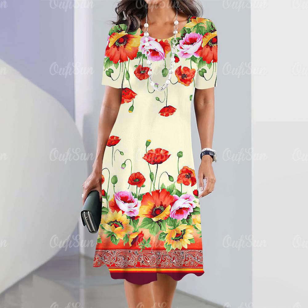 Женские платья 2024 Летние женские платья Винтажные принты Платья для путешествий Элегантная повседневная свободная блузка с коротким рукавом Y2k