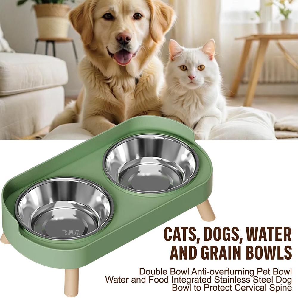 Elevated Dual Bowl Pet Feeder Stainless Steel Anti‑Slip Food Water Bowl Raised Cervical Protection Pet Feeding Bowl Pet Supplies