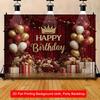 2D Burgundy Gold Happy Birthday Banner, Luxury Crown Party Decor Backdrop