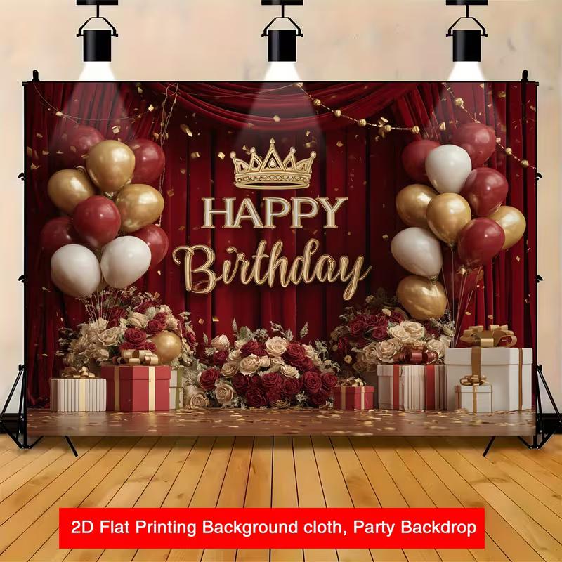 2D Burgundy Gold Happy Birthday Banner, Luxury Crown Party Decor Backdrop