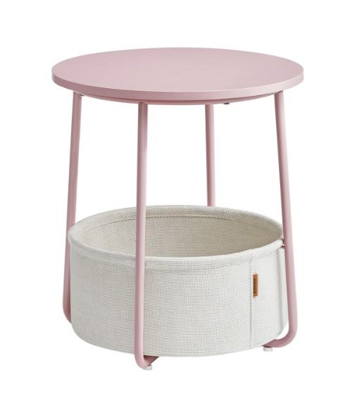 Small round loft coffee table with a pink 50cm cosmetic basket for flowers
