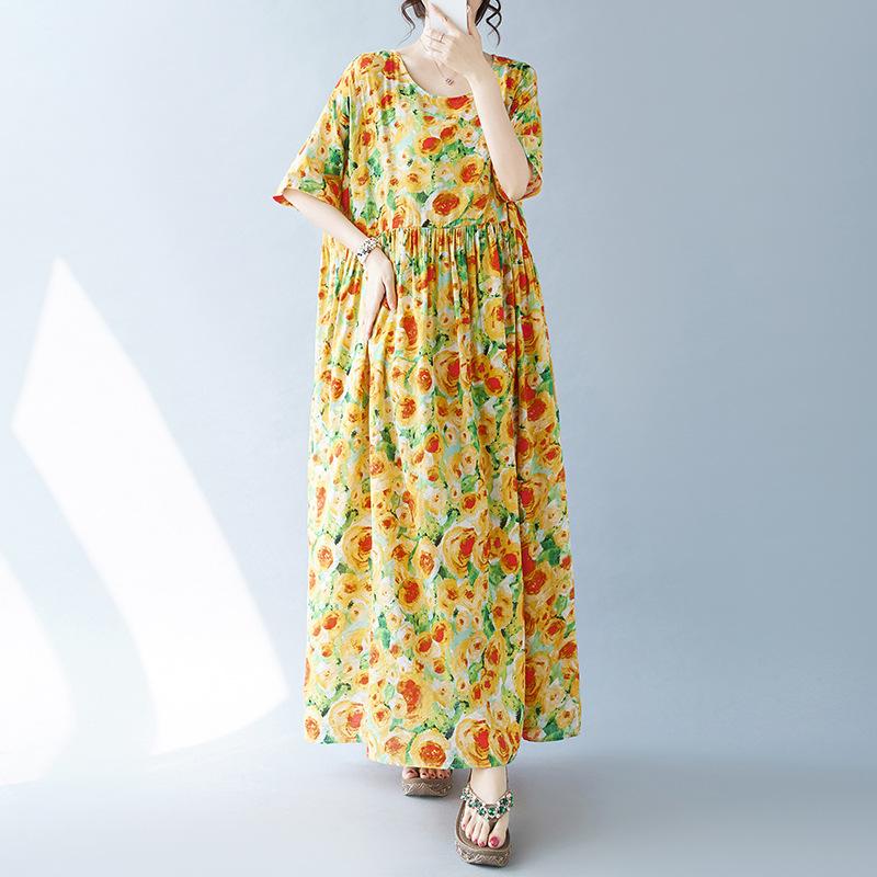 Женское платье больших размеров, простое модное богемное длинное платье, летние платья с коротким рукавом и круглым вырезом с принтом