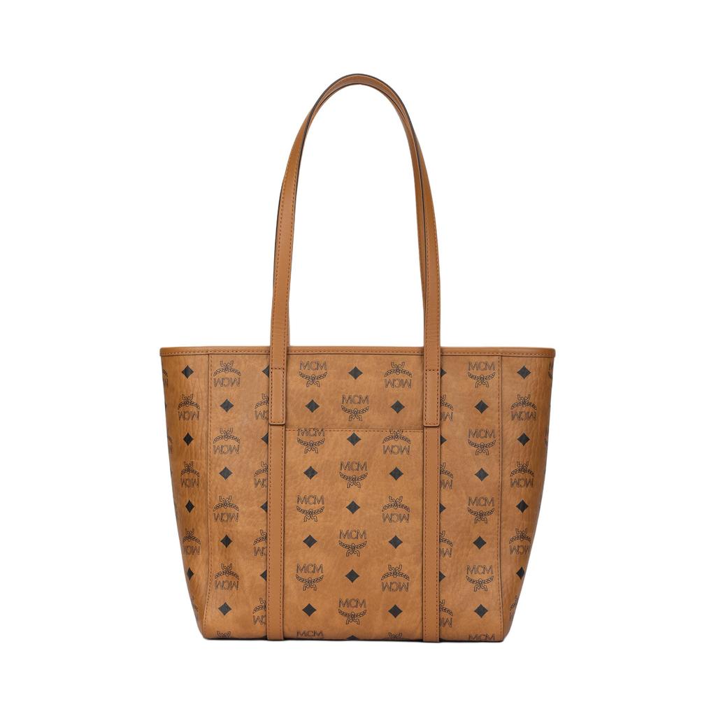MCM Сумка-тоут Visetos Monogram цвета коньяка с золотой пластиной-логотипом и структурированным силуэтом для повседневного использования и путешествий