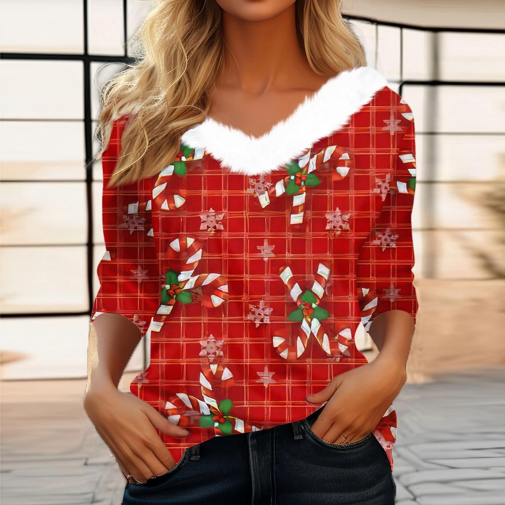 Женская мода с длинным рукавом и рождественским принтом, праздничный воротник, V-образный вырез