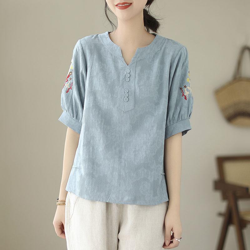 Summer Cotton Linen Jacquard Embroidered T-shirt Artistic Retro Casual Versatile Top for Women Blouses & Shirts