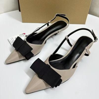 Мода 2025 Весна Элегантная Вечеринка Женская Обувь Цветной Блок Лакированная Кожа Декорация Бантом Ретро Стиль Заостренный Носок Женские Сандалии на Среднем Каблуке