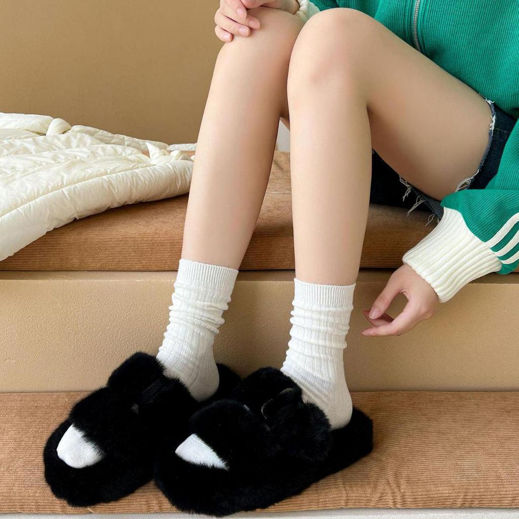 Women's Pure Cotton Mid-Calf Socks, Korean Style Trendy Solid Color, Double-Needle, Autumn/Winter Vertical Stripe, Knee-High Slouch Socks