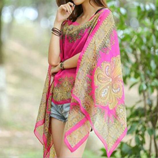 Women Scarf Poncho Cashew Flower Print Multi-function Chiffon Vintage Anti-sun Bikini Cover Up for Beach EMA