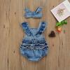 Breathable Baby Girls Outfit, Infant Summer Creative Rainbow Embroidery Fly Sleeve Lace Decoration Denim Romper + Headwear Set