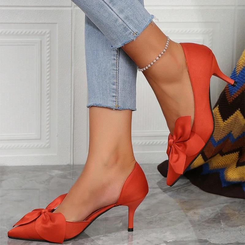 Fashion Bow Mid Heels Women Shallow Pointed Toe Shoes Women 2024 Trend Autumn Fashion New Party Sandals Pumps Sexy Dress Mujer Zapatos