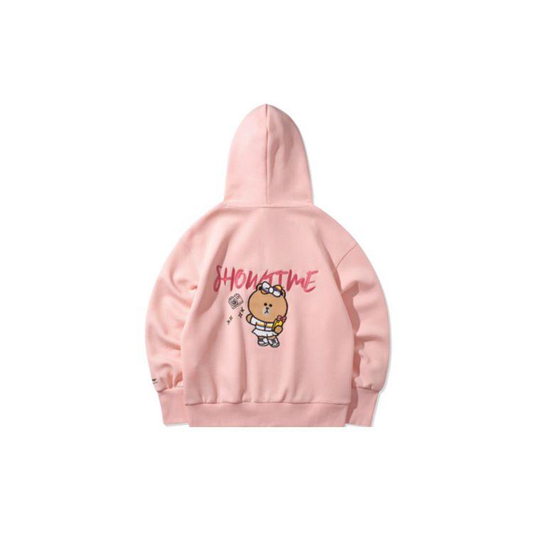 Li Ning X Line Friends Collaboration Brown Bear Print Loose Pullover Hoodie Women Hoodies Pink AWDQB08-1