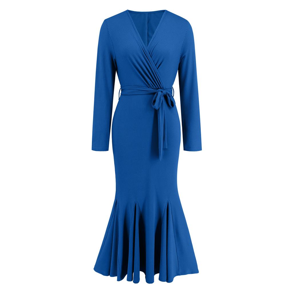 Women's Spring and Autumn V-neck Long-sleeved Slim Temperament Fishtail Dress Knitted Long Dress