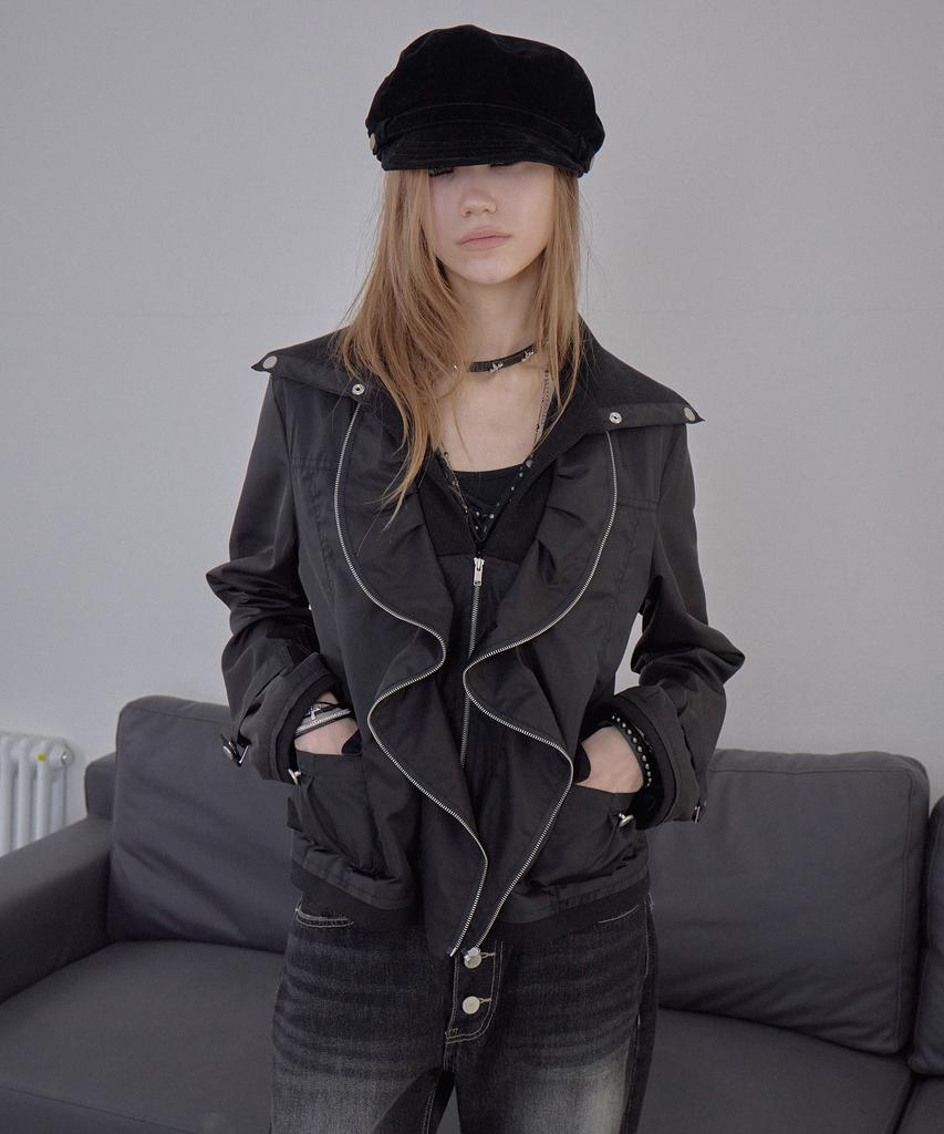 ASYMMETRY Gathered Zip Layer Jacket / Black
