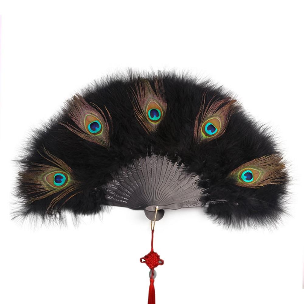 Handheld Peacock Feather Fan With Tassel Feather Dance Fan Elegant Folding Hand Fan Home