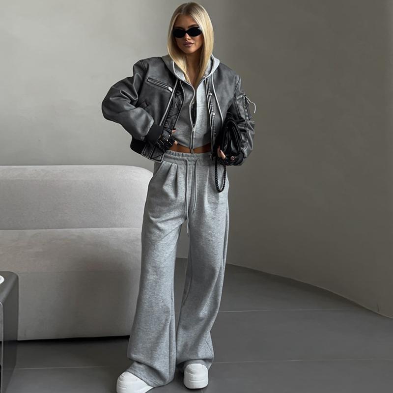 Women's Casual Solid Color Hoodie Pants Suit Zipper Short Hooded Sweatshirt Elastic Waist Sweatpants Two-piece Set