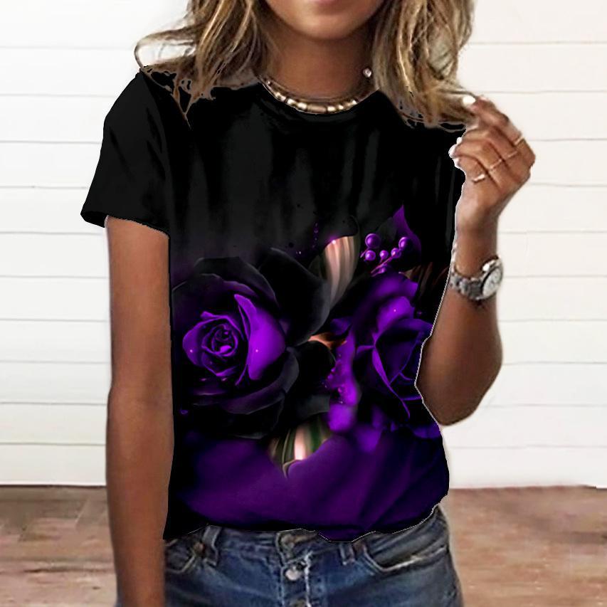 Летний топ с круглым вырезом и 3D-цветочным принтом, модные повседневные женские футболки с короткими рукавами