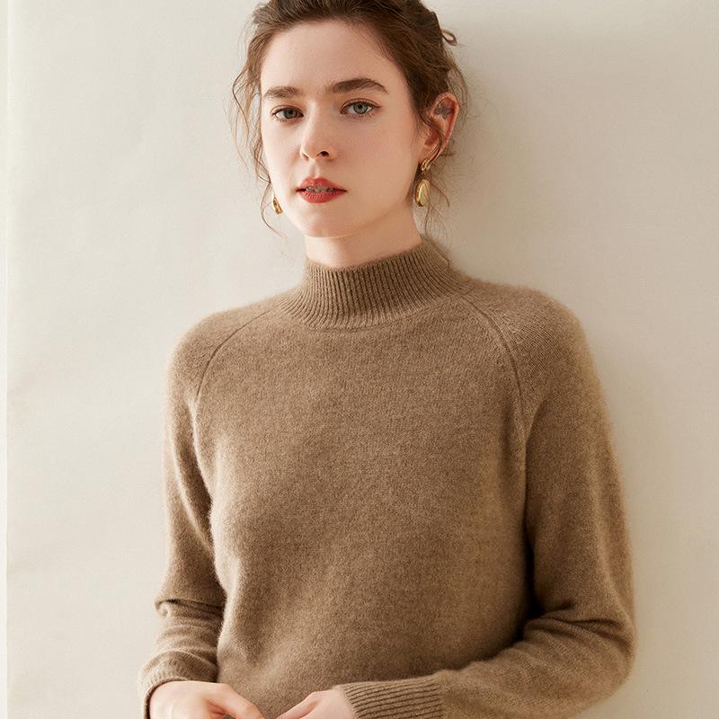 Women's Winter Cashmere Sweater: Half-High Collar, Thick, Skin-Friendly, Solid Color, Loose Fit, Wool Insert Sleeves, Knit Base Layer