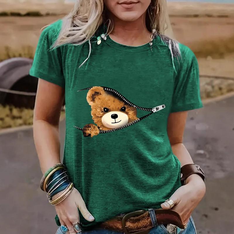 Свободная футболка с коротким рукавом и круглым вырезом с принтом «Медведь на молнии» для женщин