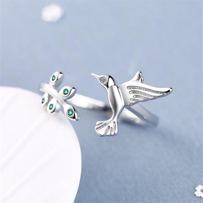 New Creative Bird Sweet Flower 925 Sterling Silver Jewelry Personality Cute Fresh Leaf Branch Art Opening Rings Xzr041