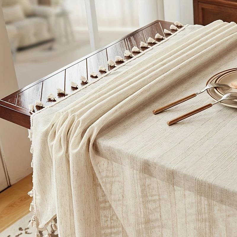 Linen Striped Fringe Tablecloth for Wedding Holiday Decor and Outdoor Picnic