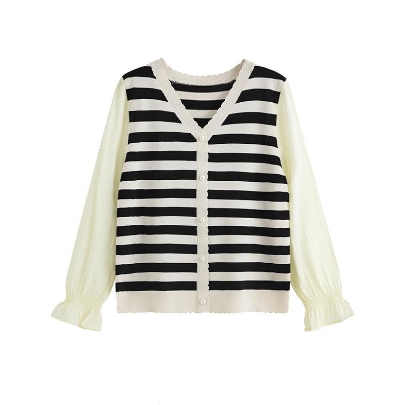 Женские топы с длинными рукавами и v-образным вырезом больших размеров, весенне-осенняя блузка, трикотаж в полоску