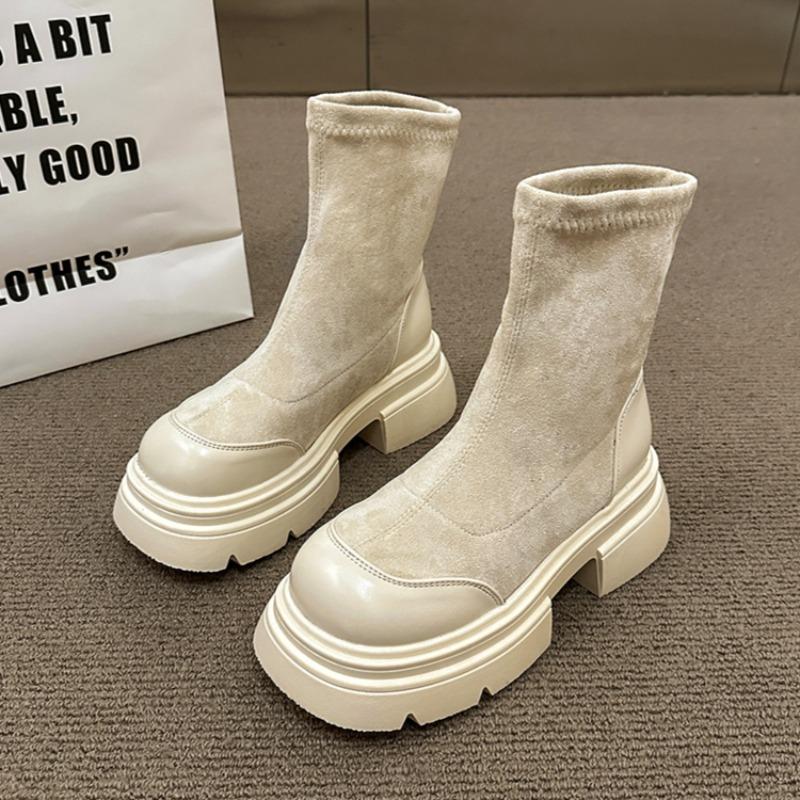 Suede Flats Women Ankle Boots Mid Heels Fashion Shoes Woman Brand 2025 Trend Pumps Goth Casual Walking Chelsea Snow Botas Mujer