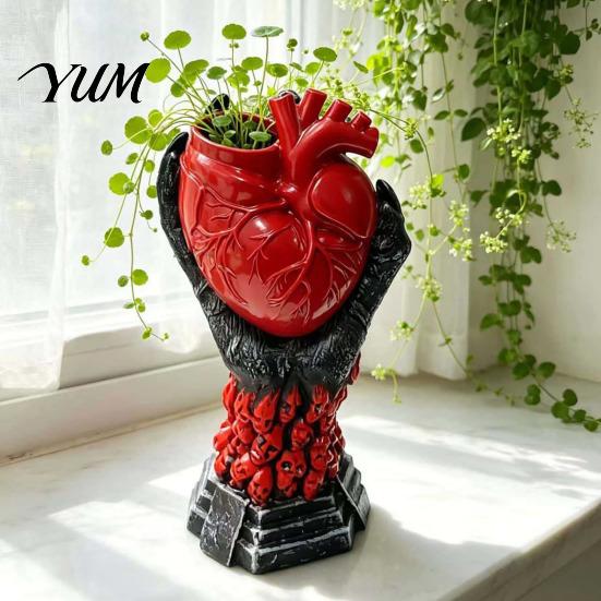 Devil Palm Flower Pot Hand Holding Human Heart Organ Vase, Gothic Anatomical Shaped Niche Style Ornament Spooky Halloween Desktop for Living