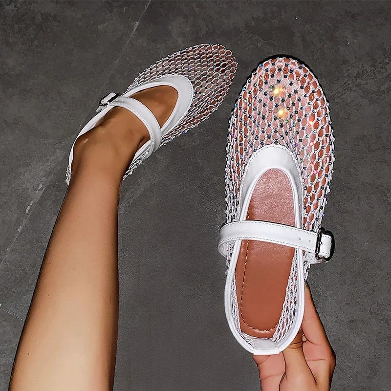 Женские сетчатые босоножки с кристаллами на плоской подошве, повседневные модные лоферы, женская обувь 2024 года, трендовая осенняя модельная обувь, удобная новая Mujer Zapatos