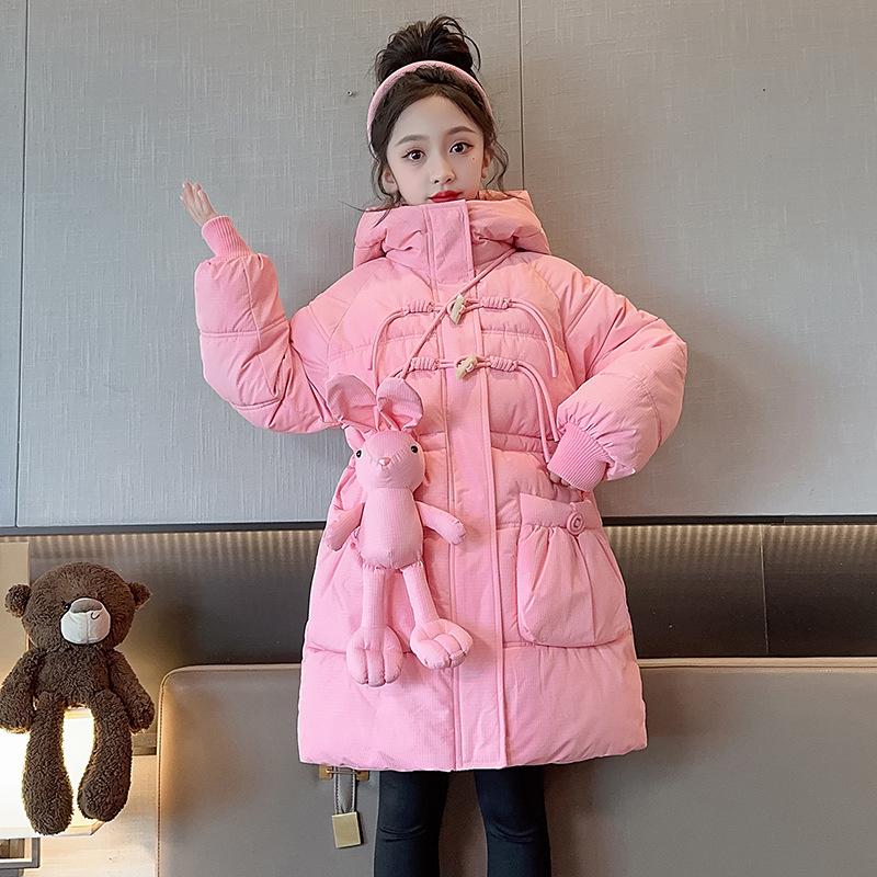 2025 Осень/Зима Модное пуховое пальто для девочек с флисовой подкладкой и куклой-кроликом