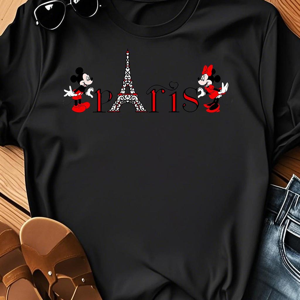 Mouse and Paris Eiffel Tower Womens Tshirt Four Seasons Unisexs and Womens Pure Cotton Casual Fashion Clothing