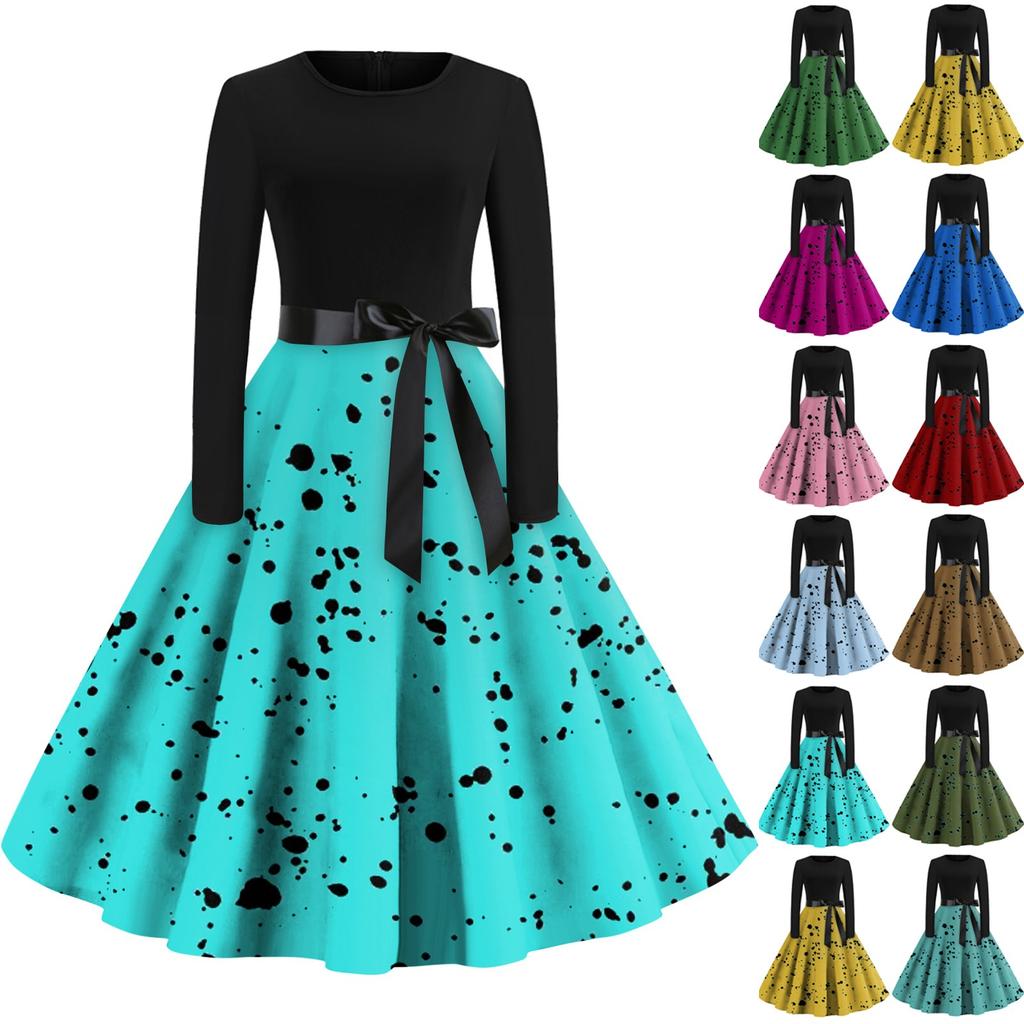 Women's Casual And Fashionable Long Sleeved R-neck Polka DotPrint Dress