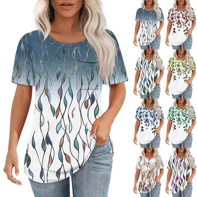 Футболки для женщин, плиссированные, с круглым вырезом, нарядные, повседневные, блузки с принтом, с коротким рукавом, летние топы, свободный крой