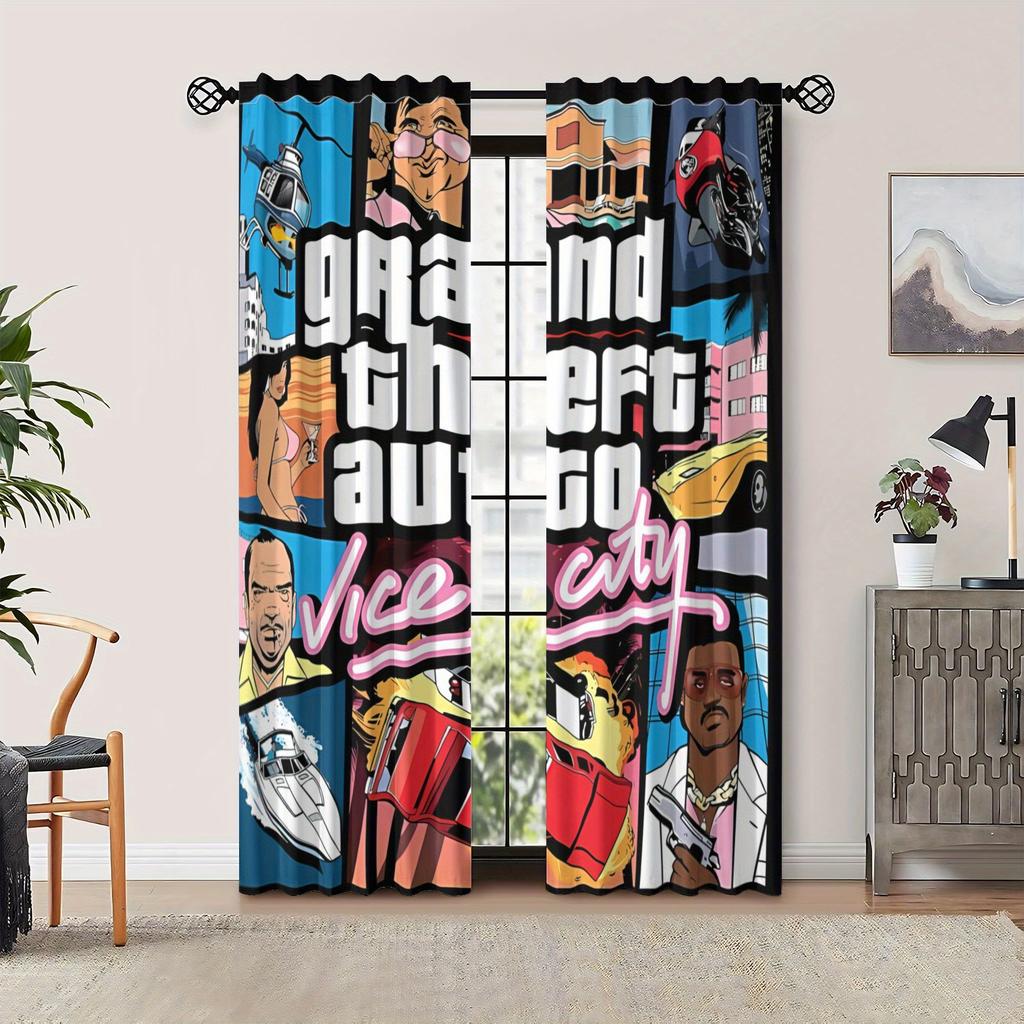 Затемняющие шторы Gta Vice City в стиле ретро-игр - Полиэстер Машинная стирка Шторы с кулиской и яркими игровыми артами