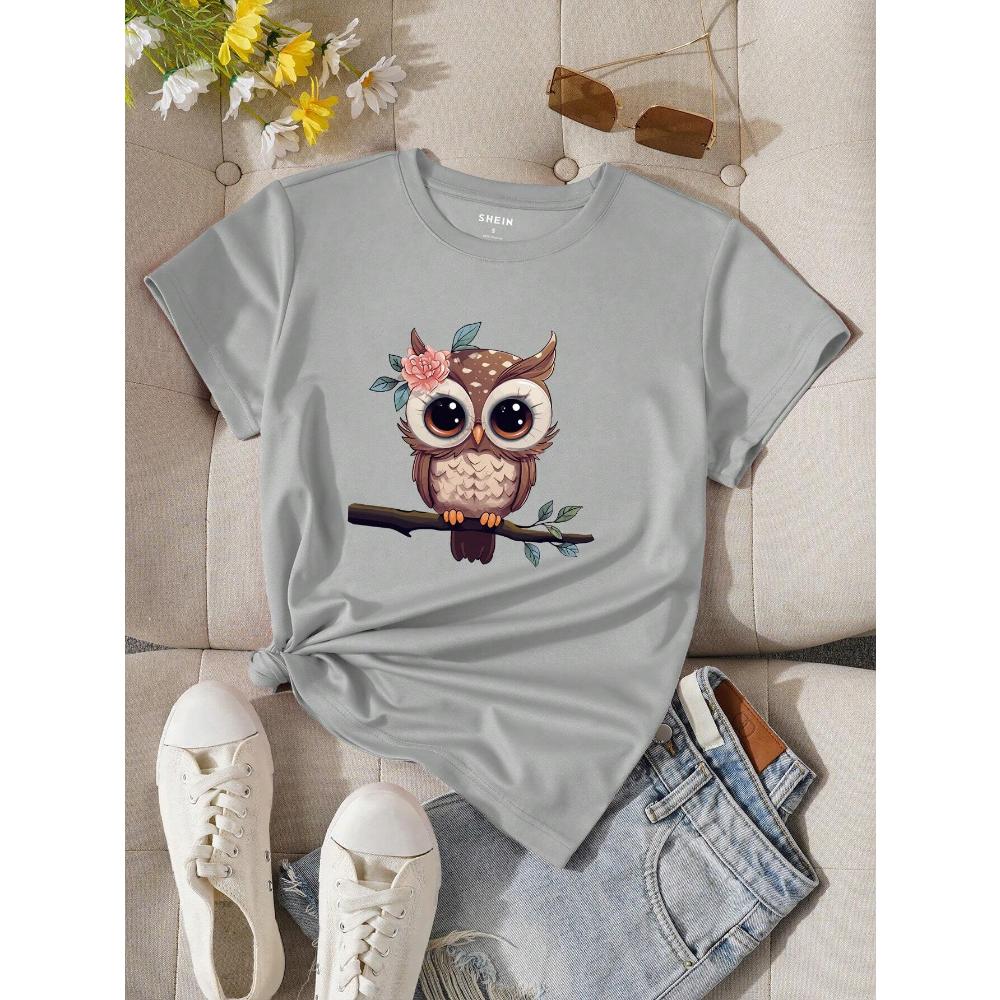Женская летняя повседневная футболка с круглым вырезом и коротким рукавом с принтом мультяшной совы