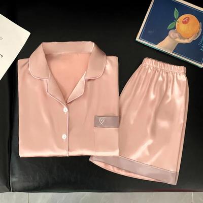 Простая розовая вышитая сердечка женская пижама корейская Harajuku однотонная домашняя ночная рубашка новая летняя милая женская пижама из 2 предметов