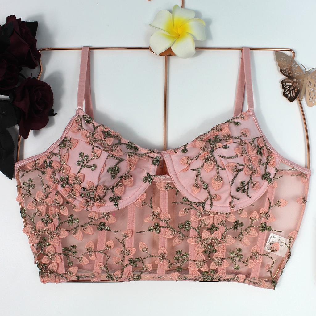 Женский сексуальный корсетный топ с кружевной цветочной вышивкой, розовые майки, летняя сетка Y2K, укороченный топ на бретельках, майка с открытой спиной, жилет-бюстье