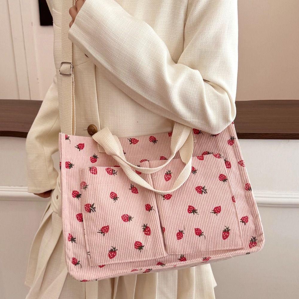 Printied Bow Tote Bag Cute Corduroy Handbag Sweet Travel Bag Travel