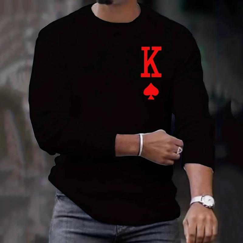 2025 Новое поступление Модные мужские футболки с длинным рукавом с принтом покера Свободные топы с круглым вырезом Оверсайз Повседневная футболка для мужчин
