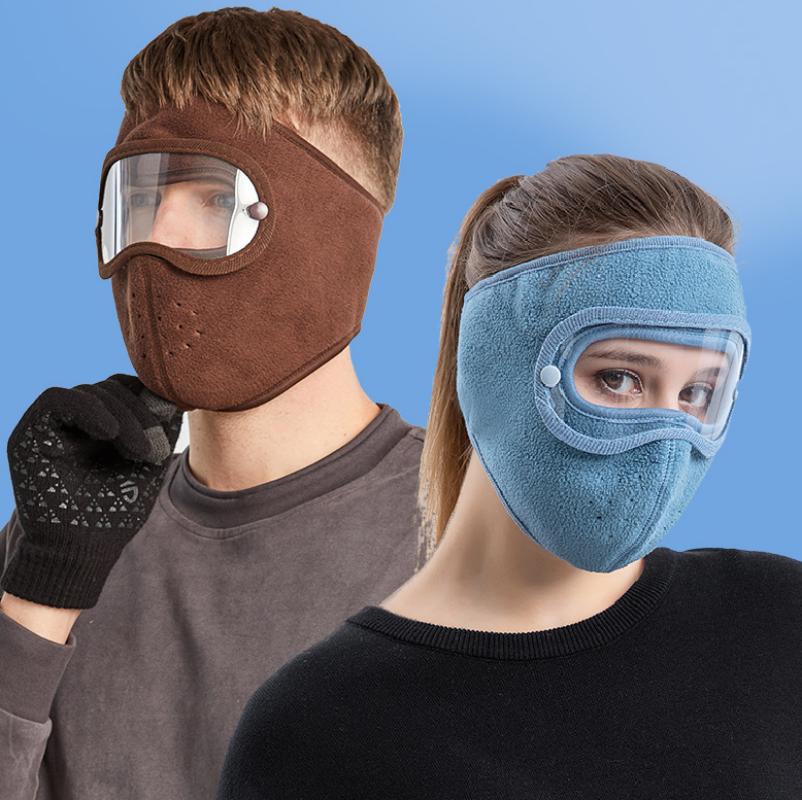 Fashion 6 Colors Women Men Winter Polar Fleece Face Mask Thick Face Covering With Windproof Goggles For Outdoor Cycling Warm Ski Mask Motorcycle