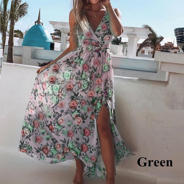 Женское платье в стиле бохо, синее длинное платье макси с цветочным принтом, глубокий v-образный вырез, летний пляжный вечерний сарафан, платья без рукавов, Vestidos