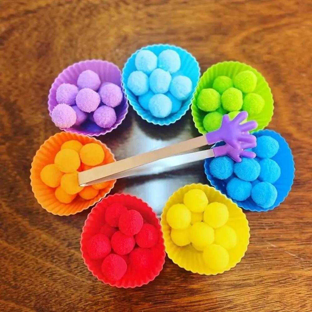 Colorful Early Education Toy Rainbow Counting Pompoms Pompoms Tweezers Toy Kids Early Education