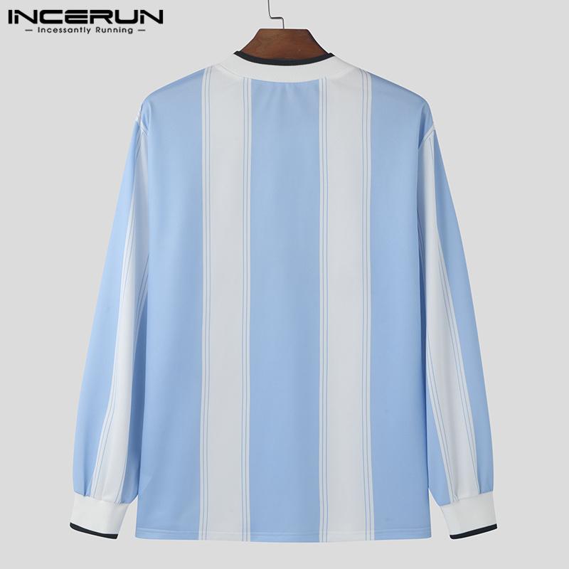 INCERUN Мужские футболки с круглым вырезом и длинным рукавом с буквенным принтом, повседневные полосатые топы