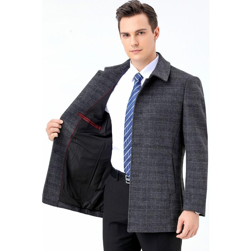 Men's Mid-length Windbreaker Single-breasted Woolen Woolen Coat Lapel Plaid Winter Middle-aged Casual Coat
