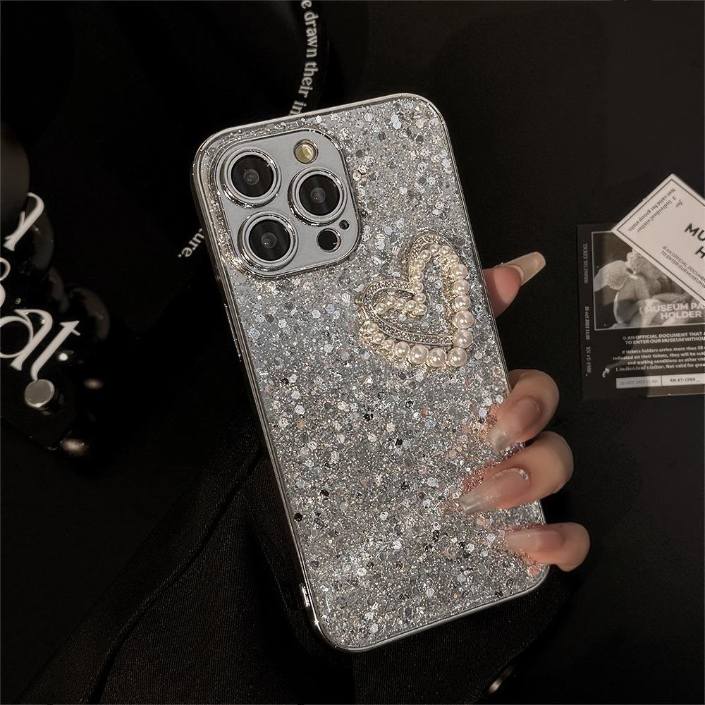 Glitter Pink Three Dimensional Pearl Love IPhone 14 Mobile Case 13 Apple 16 ProMax Glue 11 Glitter Powder 15 Applicable