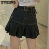 WTEMPO Kawaii Hot Girl Джинсовая юбка Женская плиссированная юбка Y2K Повседневная студенческая стильная тонкая мини-юбка с высокой талией в готическом стиле
