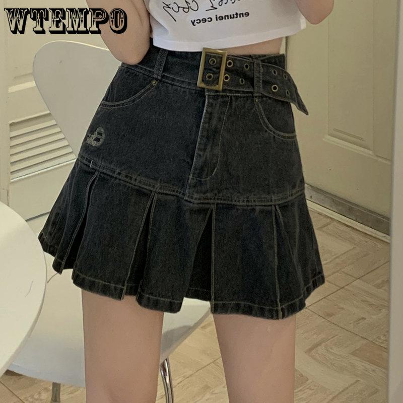 WTEMPO Kawaii Hot Girl Джинсовая юбка Женская плиссированная юбка Y2K Повседневная студенческая стильная тонкая мини-юбка с высокой талией в готическом стиле
