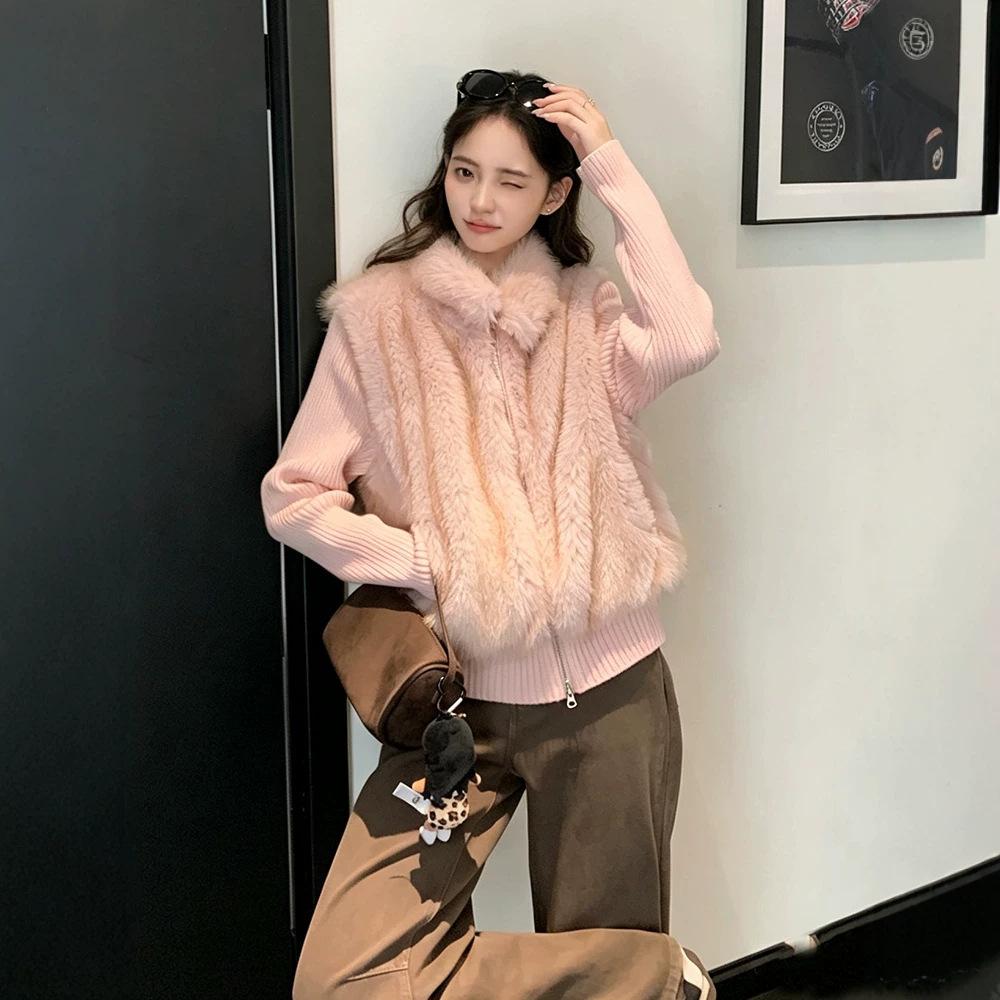 Winter new Mao Mao jacket women's lapel, short cotton clothes knitted sleeves vest