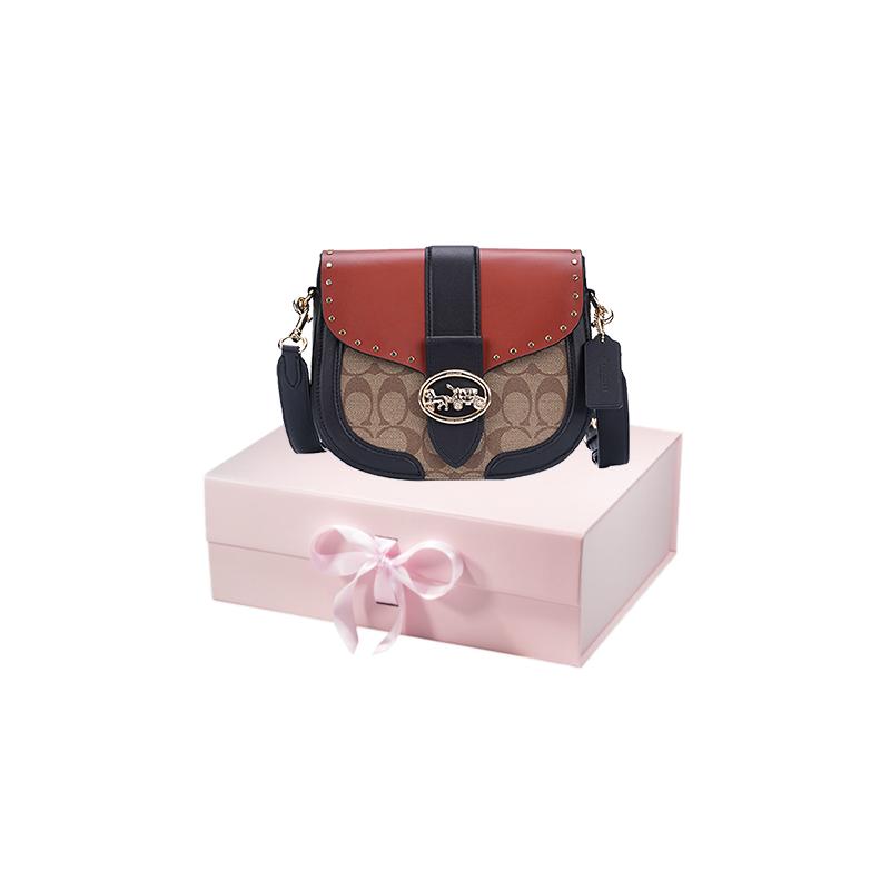 COACH Georgie 21 carriage color matching rivets leather saddle bag shoulder crossbody bag small size women's black with reddish brown
