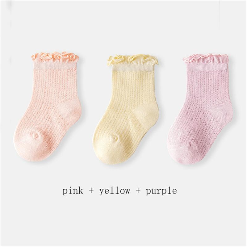 3 пары/лот Летние детские сетчатые тонкие носки однотонные мягкие хлопковые носки для новорожденных носки с рюшами для маленьких девочек милые дышащие носки