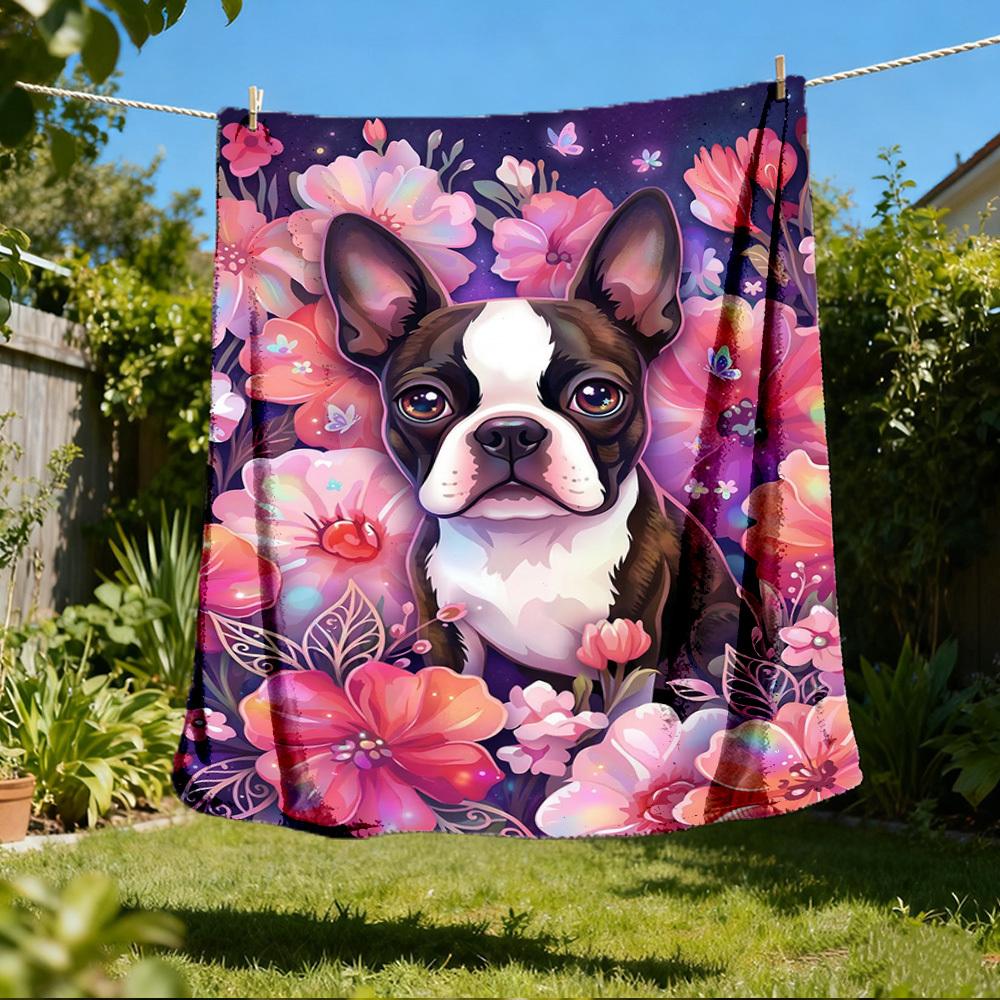 1pc Floral Boston TerrierOutdoor Blanket, Soft And Comfortable Blanket, Casual Warm Outdoor Blanket, Good Birthday Gift yy260328065